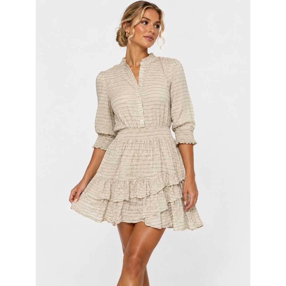 The Shirt Rochelle Behrens Striped Ruffle Smocked Mini Dress Cream S